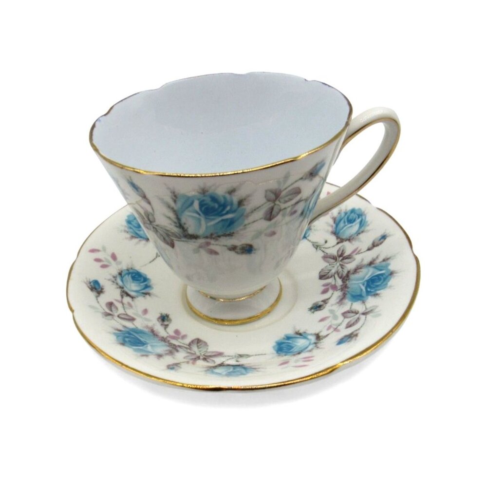 OLD ROYAL Tea Cup and Saucer Blue Roses Set England Vintage